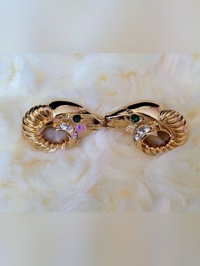 KJL for Avon Rams Head Gold Tone Post Earrings with Green Crystal Eyes